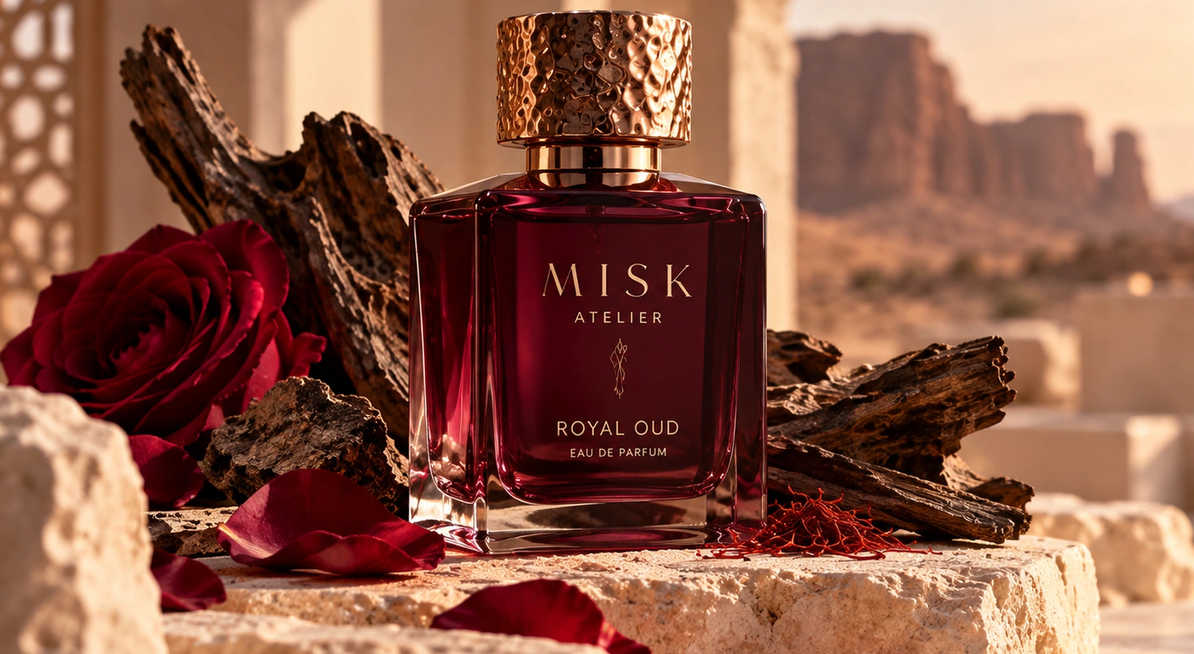 زجاجة عطر MISK على صخور دافئة وسط العمارة العربية